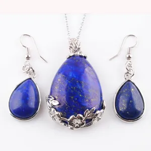 Ensembles de bijoux pour femmes, Lapis Lazuli naturel, pierre précieuse, pendule, pendentif, boucles d'oreilles, colliers, chaîne de 45cm de longueur, Q3073