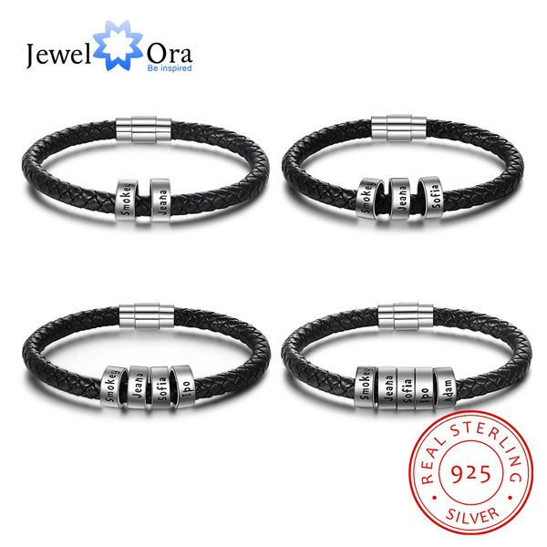 JewelOra 925 Sterling Silver personnalisé personnalisé 2- 5 noms perles bracelets pour hommes charme noir tressé bracelet en cuir bijoux CX200704