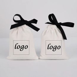 Bijoux 100pcs Sacs de coton Sacs de joaillerie personnalisé Emballage Ribbon Gift Pouche blanc Canvas Discushred Display Wedding Favors Sac