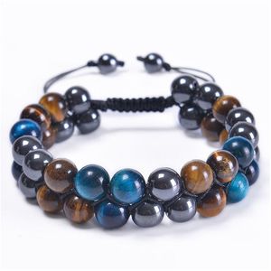 Bijoux 10mm Blue Tiger Eye Stone Bracelet Double couche perlée tressée réglable hématite aimant pour hommes livraison directe bébé, tapis pour enfants Dh7Ky