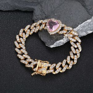 Bijoux en Zircon rose 10mm, accessoires Hip Hop, cœur de pêche, chaîne cubaine, Bracelet pour femmes