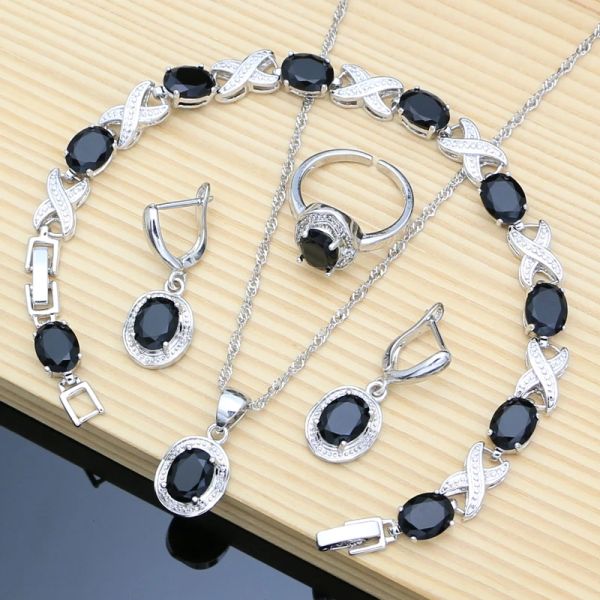 Joyas de 12 colores Gemstone Sier Jewelry Conjuntos de joyería negra Pendientes de piedra de nacimiento Pulseras Collar de anillo residable al por mayor
