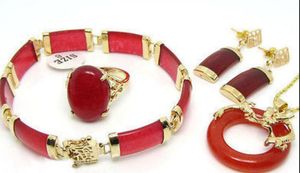 Bijoux livraison gratuite 18KGP plaqué or collier de jade rouge pendentif boucles d'oreilles bracelet bague ensembles porte-bonheur Natura