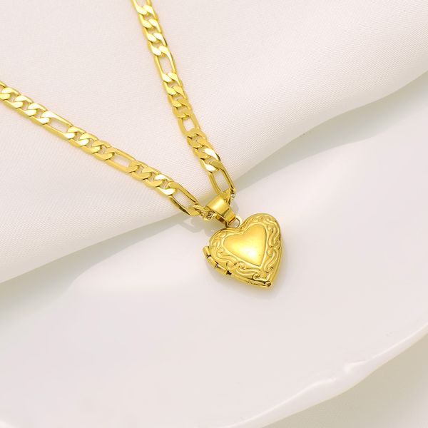 Joyería 22K Amarillo Sólido ACABADO Corazón Colgante abierto Collar con cadena Cadena de eslabones italianos Figaro