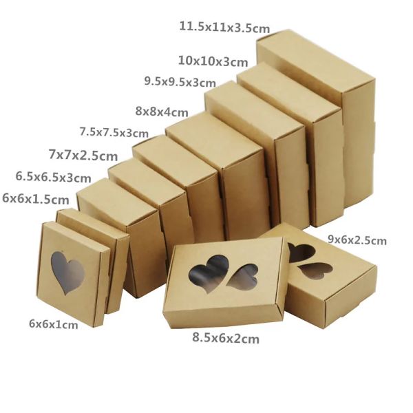 Bijoux 24/50pcs Kraft Papier Carton Coffrets Cadeaux avec Forme De Coeur Pvc Fenêtres Saint Valentin Mariage Bijoux Boîtes D'emballage