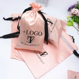 Bijoux 50pcs Satin de satin rose bébé emballage maquillage de cheveux Cosmetic Silk Sacs à crampons de mariage cadeau Sachet Print Logo Custom Sachet