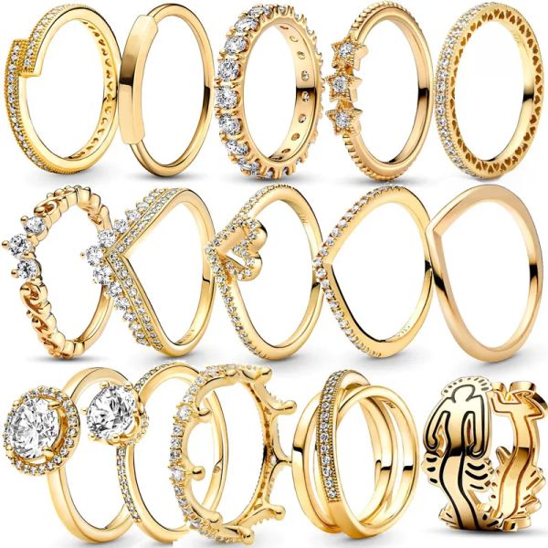 Jewelry 925 Silver Women Ring Heart Crown Fashion Anneaux de mode Gold Zircon Sparkling Princess