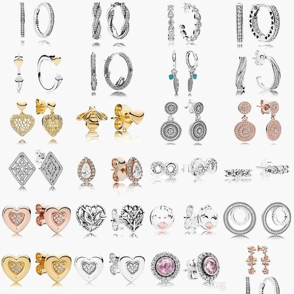 Joyería 925 Sterling Sier Stu Nuevos pendientes de aro dobles brillantes Joyas altas Corazón brillante Firma Redonda Eardrop Rose Bolsa de polvo G Dho9D