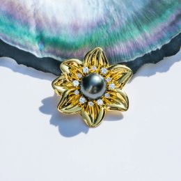 Bijoux AnuJewel Broche polyvalente tournesol 910 mm Perle noire de Tahiti Moissanites Collier pendentif fleur de perle d'eau de mer baroque