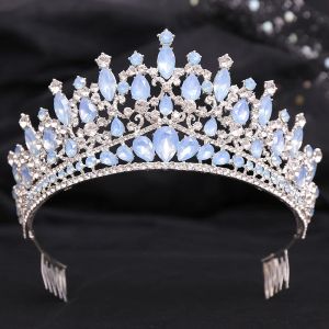 Bijoux baroque bleu vert Opale Couronne de mariage avec combinaison Crystal Royal Queen Bridal Tiaras Big Rhinestone Pageant Diadem Head Accessoires