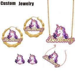 Bijoux Be Honey personnalisé nom personnalisé personnage licorne collier enfants bambou boucles d'oreilles dessin animé Bracelet enfants ensemble de bijoux 230830