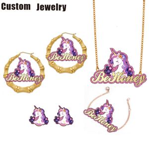 Sieraden Be Honey Gepersonaliseerde Aangepaste Naam Karakter Eenhoorn Ketting Kinderen Bamboe Oorbellen Cartoon Armband Kinderen Sieraden Set 230830