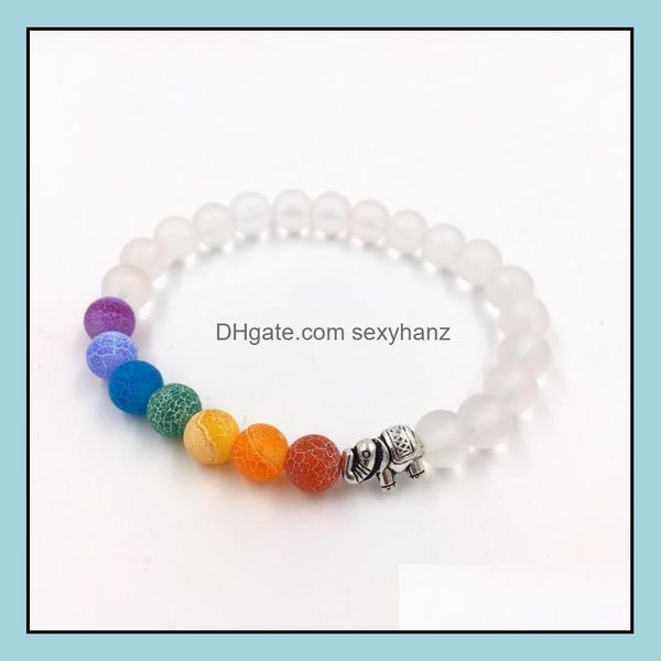 Bijoux perlés, bracelets bijoux brins de perles 8 mm blanc givré mat éléphant bracelet d'amitié fait à la main 7 couleurs chakra chaîne énergie Y