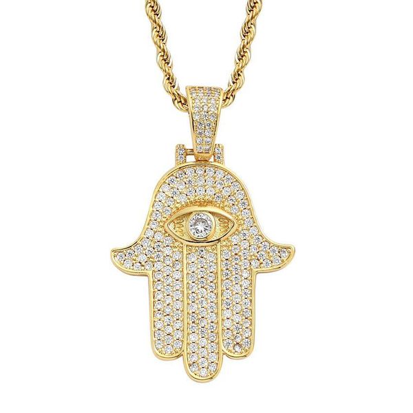 Bijoux Bling Zircon Cubique Fatima Eye Main Collier Ensemble de Bijoux Diamant Hip Hop 18K Or Pendentif Colliers Femmes Hommes En Acier Inoxydable Dhsp4