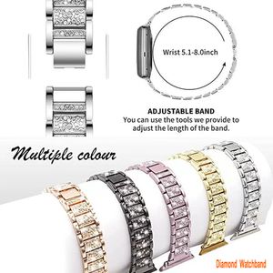 Bijoux Bling Diamond Smart Straps avec Apple Watch Band 38 mm 40 mm 41 mm 42 mm 44 mm 45 mm Femmes Strass Remplacement Bracelet en métal pour iWatch Series 8 7 6 5 4 3 2 1 Noir Or