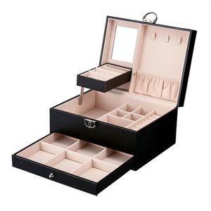 Boîte à bijoux 2 couches organisateur en cuir PU bijoux organisateur boîtes avec serrure et miroir boîte de rangement de bijoux 22 5 17 12cm218v