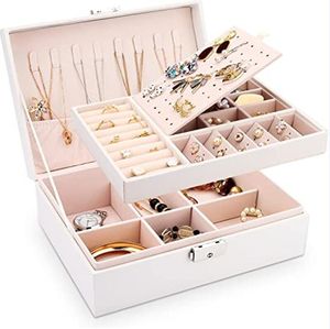 Caja de joyería para mujeres Niñas Estuche de almacenamiento de joyería de doble capa Pendientes Pulseras Anillos Collares Cajas de presentación Embalaje con bandeja extraíble