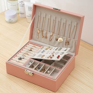 Joyero Organizador de almacenamiento de anillos y collares, doble capa, gran capacidad, piel sintética, vitrina de joyería con bandeja extraíble para mujeres y niñas