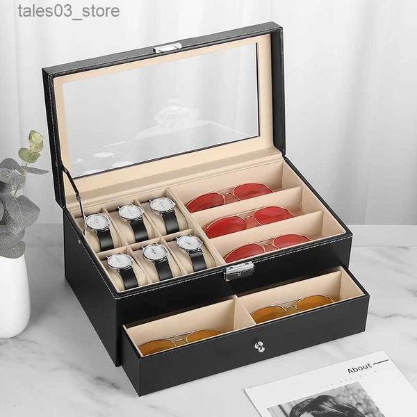 Joyeros Caja de cuero grande de 2 capas Gafas de sol Estuche para gafas Organizador Estuche para joyas Cajón de exhibición Organizador con cerradura-Negro Q231109