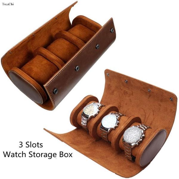 Boîtes à bijoux 3 fentes montre rouleau boîte de rangement porte-horloge en cuir portable avec glissé dans détacher montre-bracelet organisateur d'affichage 230628