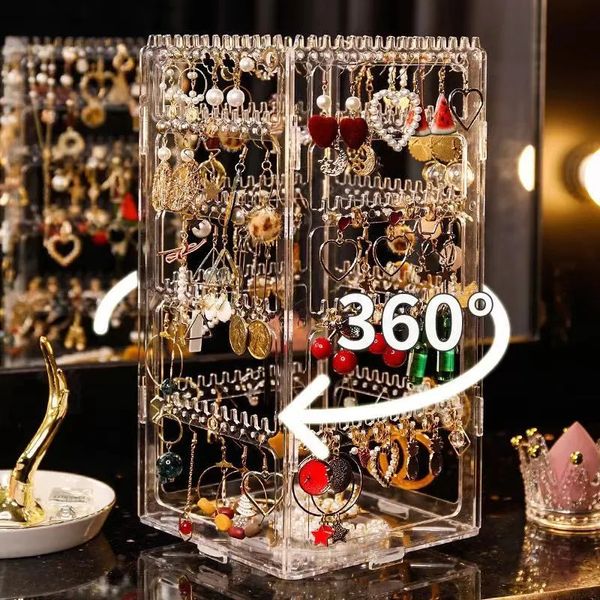 Boîtes à bijoux Présentoir à bijoux rotatif à 360 ° Clip d'oreille Boucles d'oreilles Support de rangement en acrylique Boîte de rangement de bijoux portable Support de collier domestique 231216