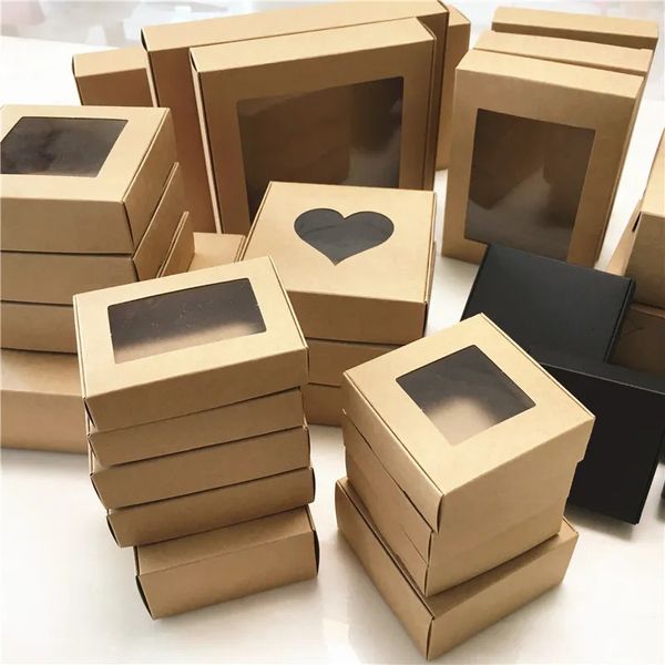 Boîtes à bijoux 50 pcs papier faveur de mariage boîte-cadeau Kraft papier biscuits bonbons PVC fenêtres boîtes fête d'anniversaire accessoires bijoux Kraft boîte 231011