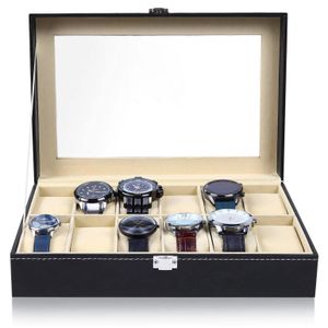 Boîtes à bijoux 61012 grilles en cuir boîte de montre support de vitrine noir stockage verre organisateur pour hommes femmes cadeau 230628