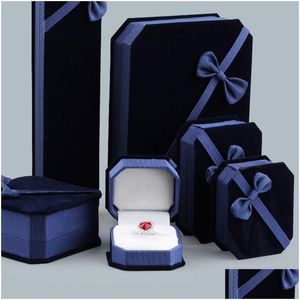Juwelendozen Blauwe Veet Strik Verpakking Houder Opslag Voor Hanger Ketting Bedelarmbanden Ring Oorbel Bangle Display Case Drop D Dhbkk