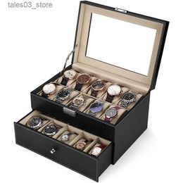 Jewelry Cajas Organizador de caja de 20 hombres Case de almacenamiento de metal Bisagra de metal PU de cuero Negro Top de vidrio grande Q231109
