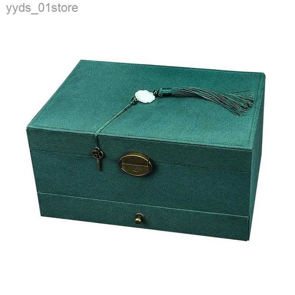 Boîtes à bijoux Style chinois multicouche avec serrure boucles d'oreilles flanelle vert foncé marine rose noir collier anneau stockage boîte à bijoux L240323