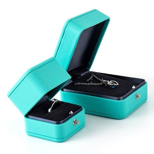 Boîtes à bijoux Creative Blue PU Leather Diamond Ring Box Proposition Pendentif Collier Gift BoxBrand Packaging 230621