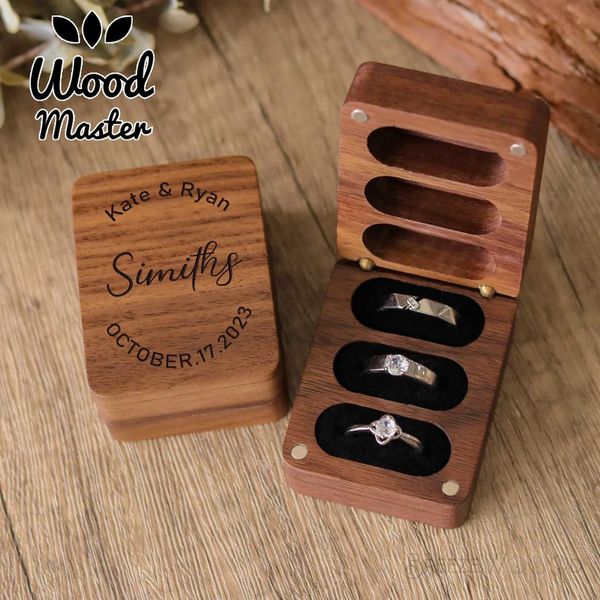 Joyas Caja de anillo de compromiso de madera personalizada - Caja personalizada de anillo de 3 ranuras Anillo de madera con almohada de madera.