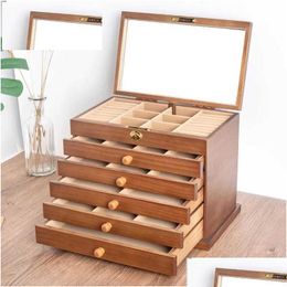 Boîtes à bijoux der boîte organisateur stockage style chinois pin en bois grande capacité de luxe luxueux collier en bois massif boucles d'oreilles goutte del dhv8m