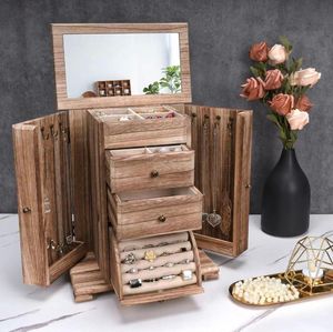 Sieraden Dozen Doos Voor Vrouwen 4 Laag Grote Houten Organizers Kettingen Oorbellen Ringen Armbanden Rustieke Organizer W1