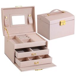 Cajas de joyería Caja de almacenamiento de joyería de moda, cerradura portátil de gran capacidad con espejo, caja de almacenamiento de joyería, pendientes, collar, anillo, exhibición de joyería 231219