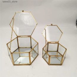 Boîtes à bijoux Boîte de rangement de bijoux en verre bord en cuivre Transparent Hexagonal bague de mariage collier vitrine conteneur Q231109