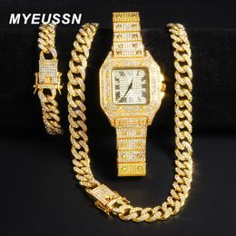 Boîtes à bijoux Hip Hop glacé chaîne collier montre bracelet ensemble hommes 13 MM cubain lien chaîne strass collier pour hommes bijoux montre cadeau 231219