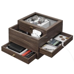 Cajas de joyería Homde Caja de reloj para hombres Organizador con caja de vidrio real Anillo Pulsera Collar Pendientes y accesorios Ameow Drop Deli Dhtzq