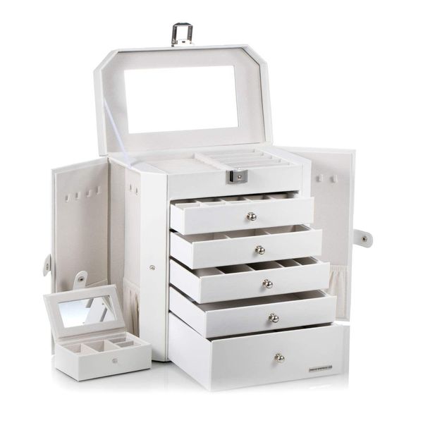 Boîtes à bijoux Boîtes à bijoux Baims Extra Large Box/Organizer/Case Faux cuir avec petit étui de voyage Support d'affichage miroir pour Brace Ottia