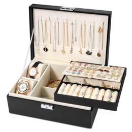 Sieradendozen Sieradendozen Simboom Box Organizer voor dames Meisjes 2 lagen Grote heren opbergdoos Pu lederen display Sieradenhouder D Dhvxf