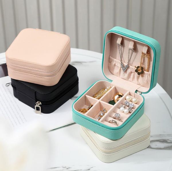 Cajas de joyería Mini caja organizadora de viaje con cremallera estuche de cuero Pu pendientes portátiles collar anillo embalaje entrega directa Otjmy