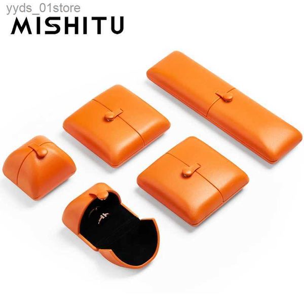 Cajas de joyería MISHITU Caja de anillo de cuero naranja de moda colgante de cadena larga caja organizadora de joyería para propuesta aniversario regalo de boda L240323