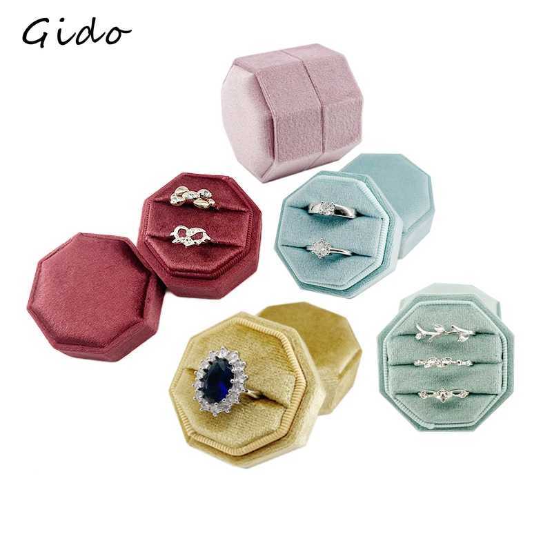 Jewelry Boxes Octagonal velvet jewelry box multi-color three groove double rings and earrings wedding ring display box