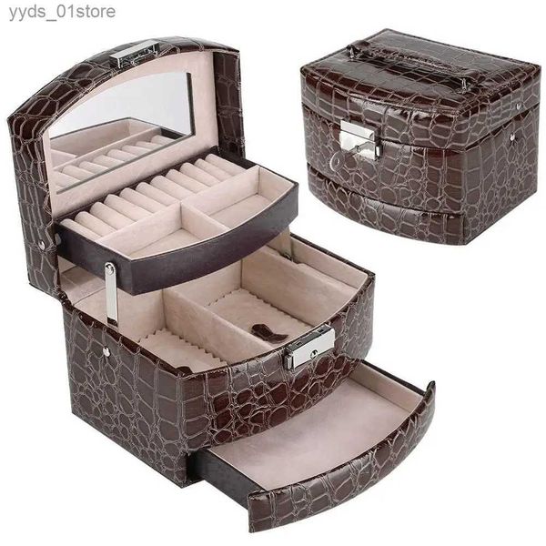 Cajas de joyería Caja de joyería portátil de cuero de PU de 3 capas organizador de maquillaje caja de almacenamiento caja de contenedor automático cesta de maquillaje para mujer L240323