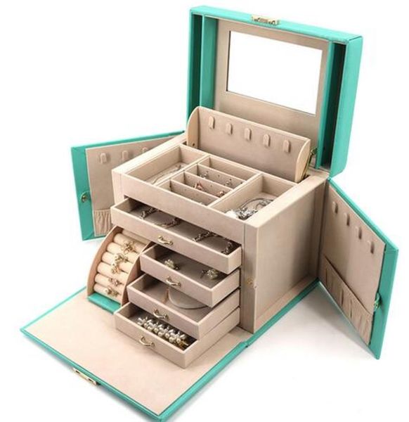 Boîtes à Bijoux Boîte Sansréponse Grand Organisateur Simili-cuir Avec Miroir Ders Serrure Cadeau Pour Femme Tf Bleu-l amzbv