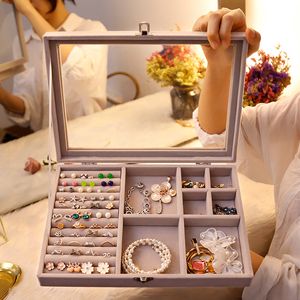 Boîtes à bijoux Velours gris étui de transport avec couvercle en verre bijoux anneau présentoir porte-plateau boîte de rangement organisateur boucles d'oreilles anneau bracelet 230616