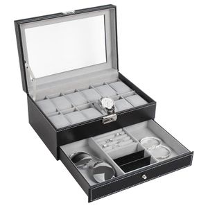 Sieraden Dozen Horloge Doos Heren 12 Slots PU Leather Case Organizer Display Lade Glas Top met Slot Zwart 230628