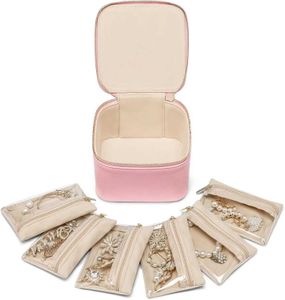 Joyas de joyas Joyero de viaje para mujer con 6 bolsillos de terciopelo Cabecillo para aretes Caja de almacenamiento de anillo de cuero genuino joyero simple