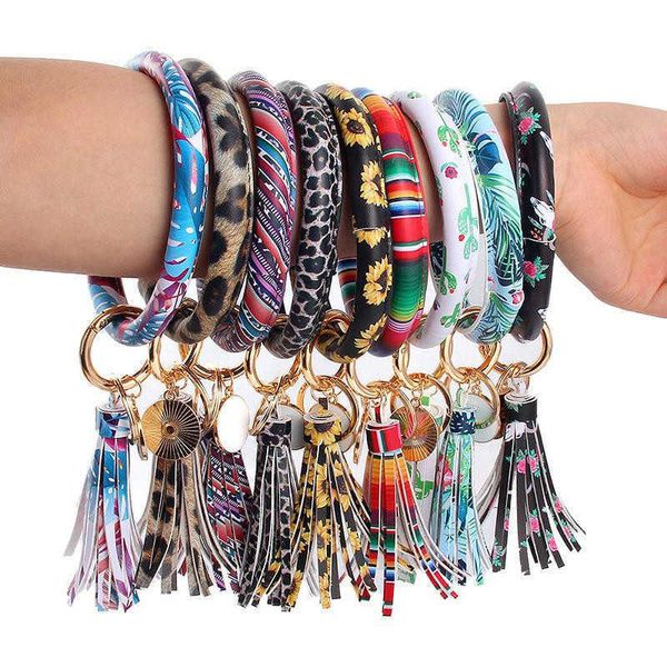 Joyería Pulseras Mujeres Borlas PU Envoltura de cuero Llavero Leopardo Lirio Estampado Llavero Pulsera Girasol Goteo Aceite Círculo Brazalete Cadenas