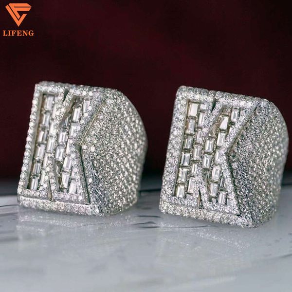 Bijoux en vrac en gros personnalisé 925 Sterling Silver Vvs Baguette Moissanite Diamond Iced Out Letter K Band Hanne Hiphop pour hommes